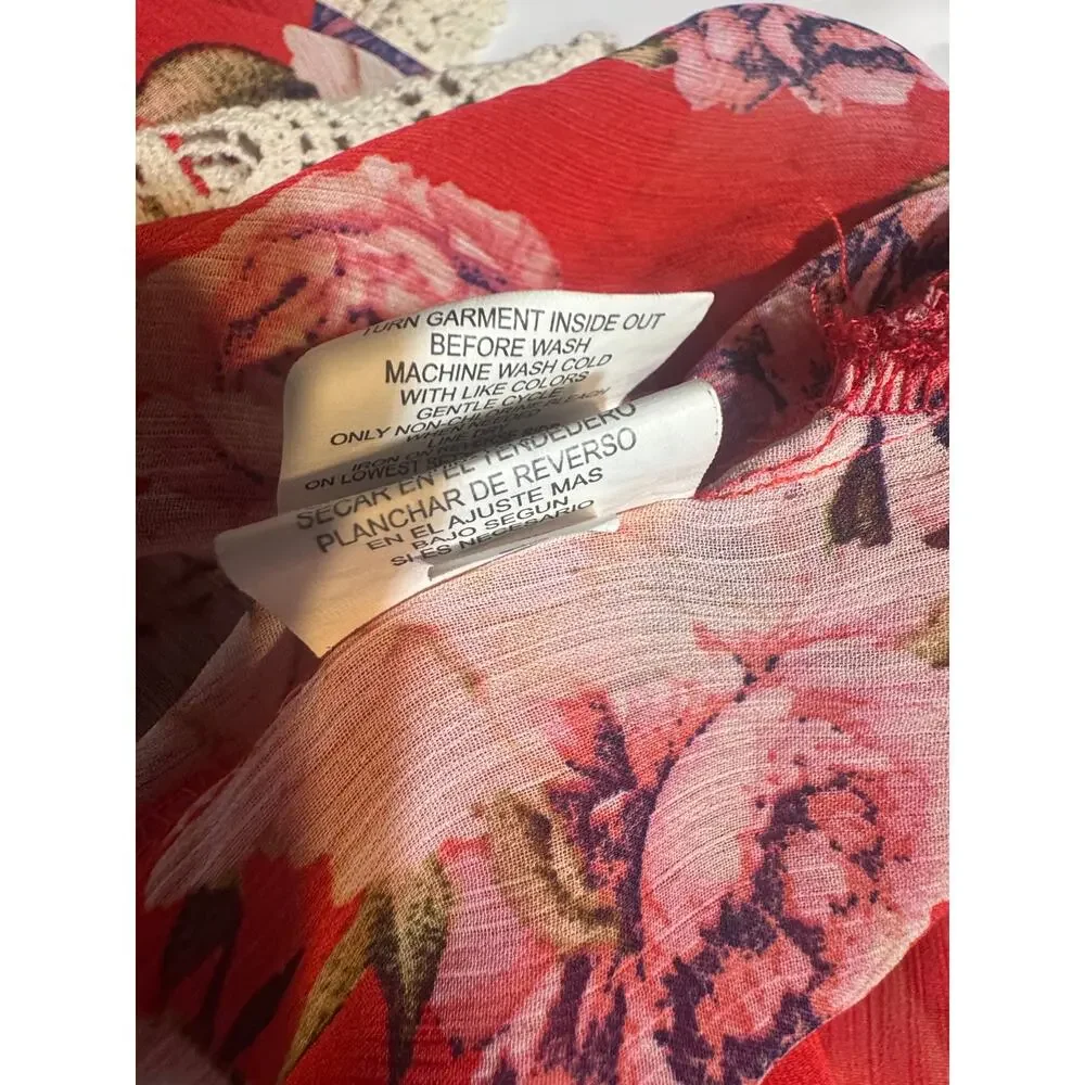 Rewind Red Floral Lace Trim Kimono Cover Up Open Front Sheer Boho Size Large